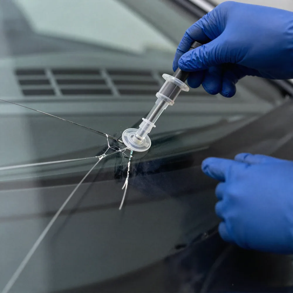 A resin injector clamped over a stone chip in a car windshield, fine crack legs spreading out across the glass and the dashboard vents visible behind