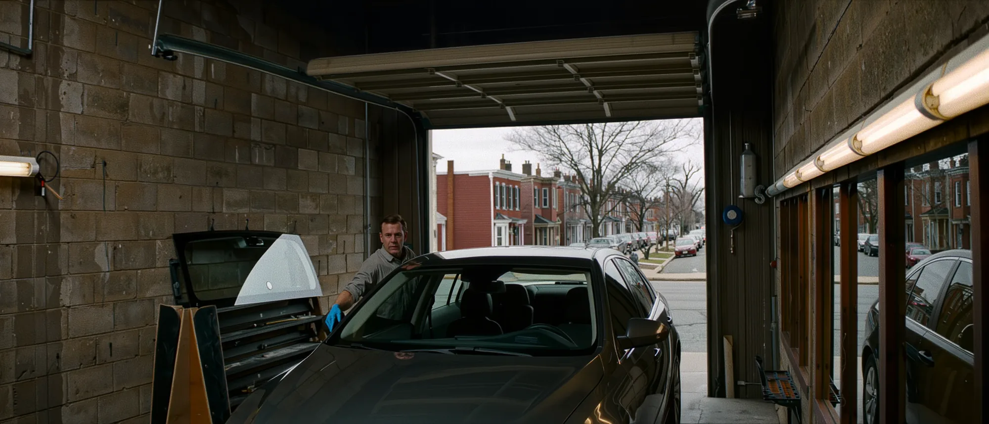 A glass technician setting a new windshield on a sedan in the bay at Ogontz Glass & Mirror, the roll-up door open onto an Ogontz Avenue rowhouse block