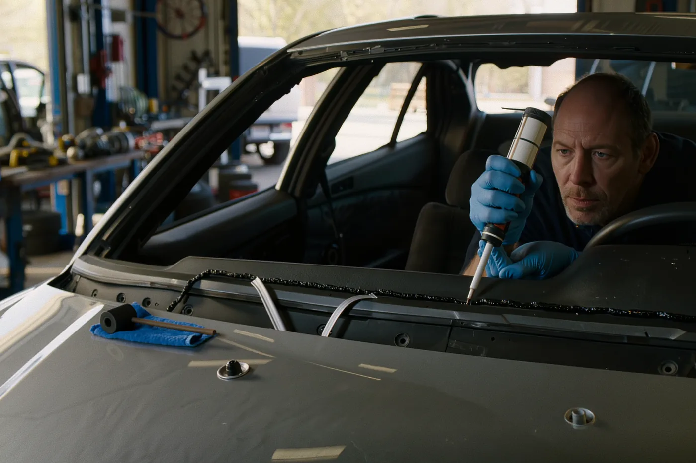 Gloved hands running a continuous urethane bead along the pinchweld of a stripped windshield frame
